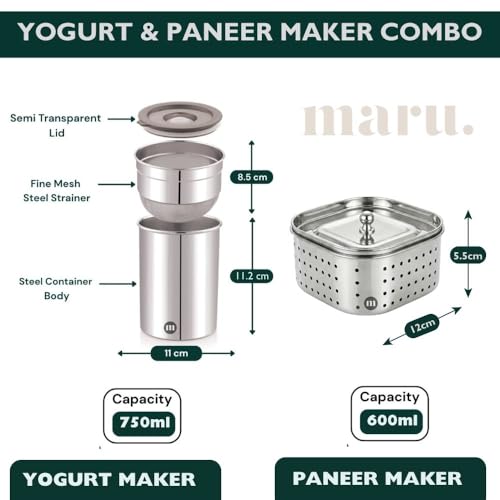 Maru Stainless Steel Yogurt Maker 750ml & Paneer Maker 600ml Combo Set, Easy to Use Hung Curd Maker, Greek Yogurt & Fresh Paneer & Sprouts Making Strainer, Durable Dairy Straining Tools - Image 2