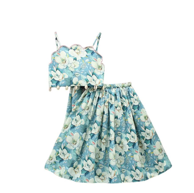 GORLYA Girls Rayon Floral Printed Scalloped Cut Back Tie Knot Top With Lehenga Co-Ord Set (9-10 Years, Light Green) - Image 1