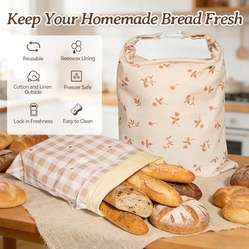Funcoo Beeswax Bread Bags for Sourdough, 2 pcs Reusable Beeswax Bread Bags for Homemade Sourdough, XL Cotton and Linen Food Storage Bag for Picnics, Pantry, Long-Lasting Freshness (Rose+Checkered Pattern) - Image 3