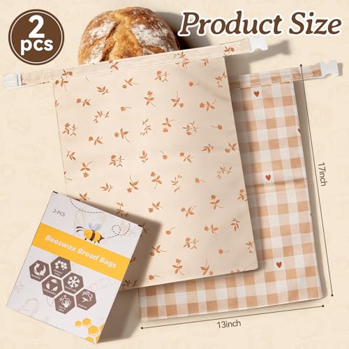 Funcoo Beeswax Bread Bags for Sourdough, 2 pcs Reusable Beeswax Bread Bags for Homemade Sourdough, XL Cotton and Linen Food Storage Bag for Picnics, Pantry, Long-Lasting Freshness (Rose+Checkered Pattern) - Image 2