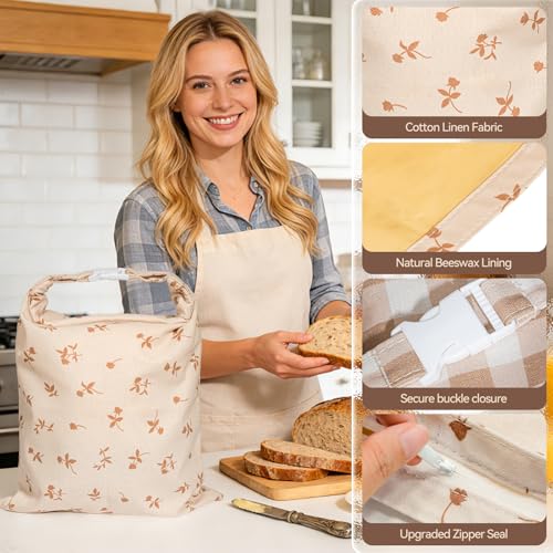 Funcoo Beeswax Bread Bags for Sourdough, 2 pcs Reusable Beeswax Bread Bags for Homemade Sourdough, XL Cotton and Linen Food Storage Bag for Picnics, Pantry, Long-Lasting Freshness (Rose+Checkered Pattern) - Image 5