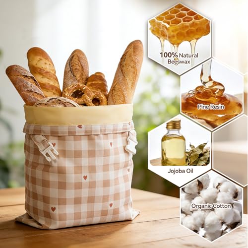 Funcoo Beeswax Bread Bags for Sourdough, 2 pcs Reusable Beeswax Bread Bags for Homemade Sourdough, XL Cotton and Linen Food Storage Bag for Picnics, Pantry, Long-Lasting Freshness (Rose+Checkered Pattern) - Image 4