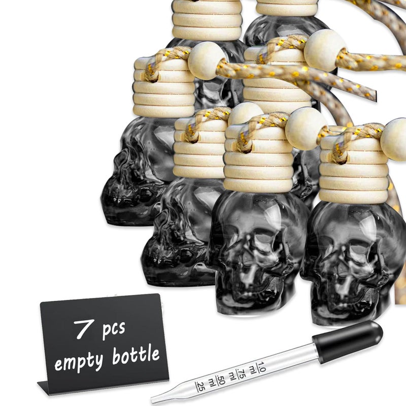 MINELEVEN 7 Pcs 8ml Hanging Car Air Freshener DiffuserEmpty Black Gradient Glass Essential Diffuser Oil Aromatherapy Fragrance Perfume Pendant Glass Vials with Wooden Caps Skull 8ml - Image 3