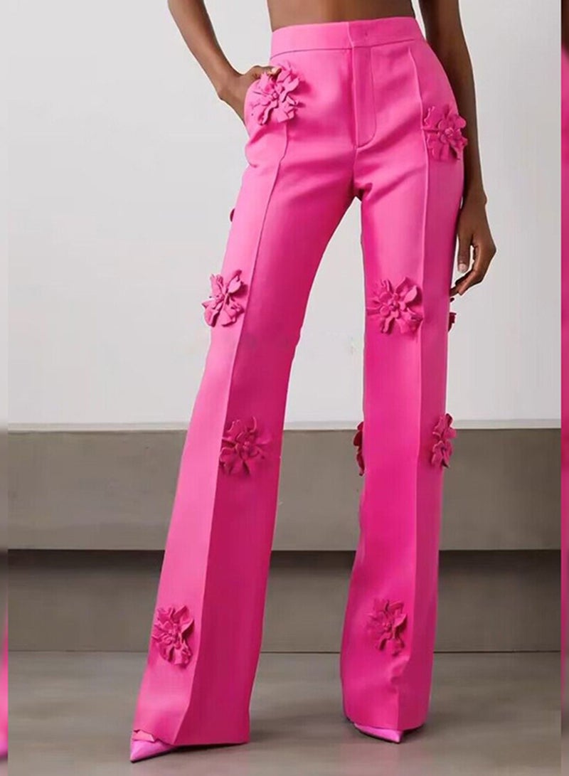 Loquat Fashion Heavy-Duty Three-Dimensional Floral Decor Flared Long Pants Suit Trousers - Image 1