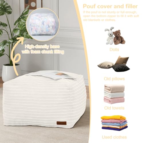 MeMoreCool Square Stuffed Pouf Ottoman Foot Rest, Stripe Furry Floor Pouf Foot Stool with Foam Chunk Filling, Soft Fluffy Stuffed Ottoman Footrest for Living Room, Corduroy Beige - Image 3