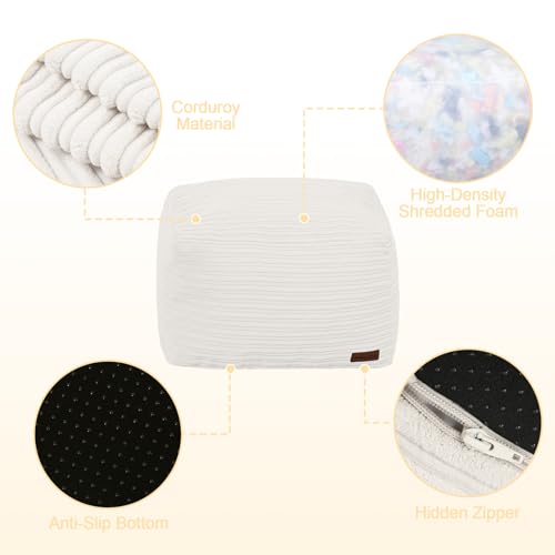 MeMoreCool Square Stuffed Pouf Ottoman Foot Rest, Stripe Furry Floor Pouf Foot Stool with Foam Chunk Filling, Soft Fluffy Stuffed Ottoman Footrest for Living Room, Corduroy Beige - Image 4