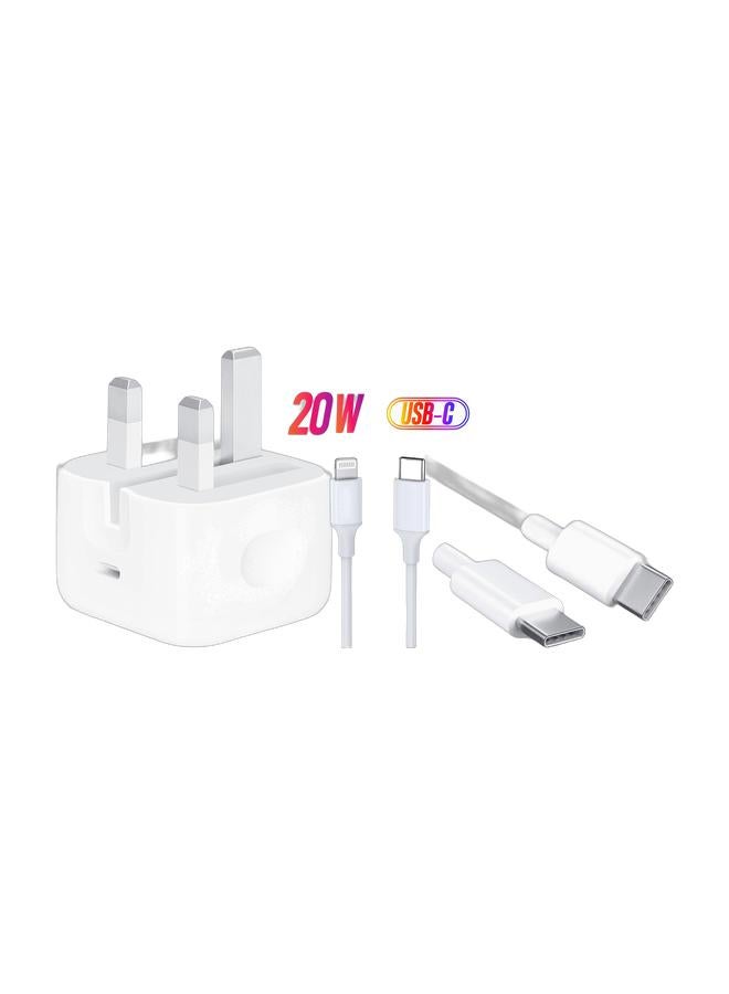 MMG iPhone 20W Fast Charger USB C with 1 meter C to C cable and 1 meter C to L cable - Image 1