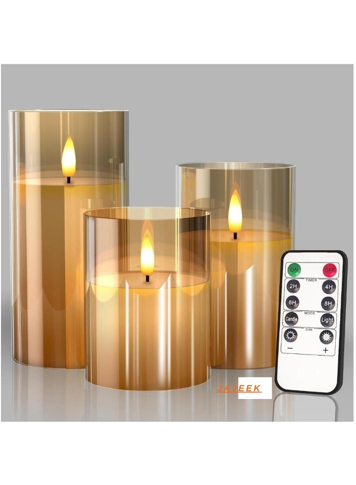 JAJEEK Glass Battery Operated LED Flameless Candles with Remote & Timer, Real Wax Flickering Light, Warm Color Glow for Festival, Wedding, Home & Party Decor (Pack of 3, Gold) - Image 1
