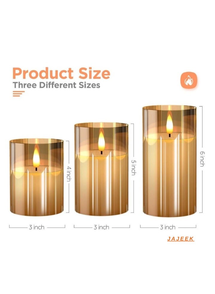 JAJEEK Glass Battery Operated LED Flameless Candles with Remote & Timer, Real Wax Flickering Light, Warm Color Glow for Festival, Wedding, Home & Party Decor (Pack of 3, Gold) - Image 2