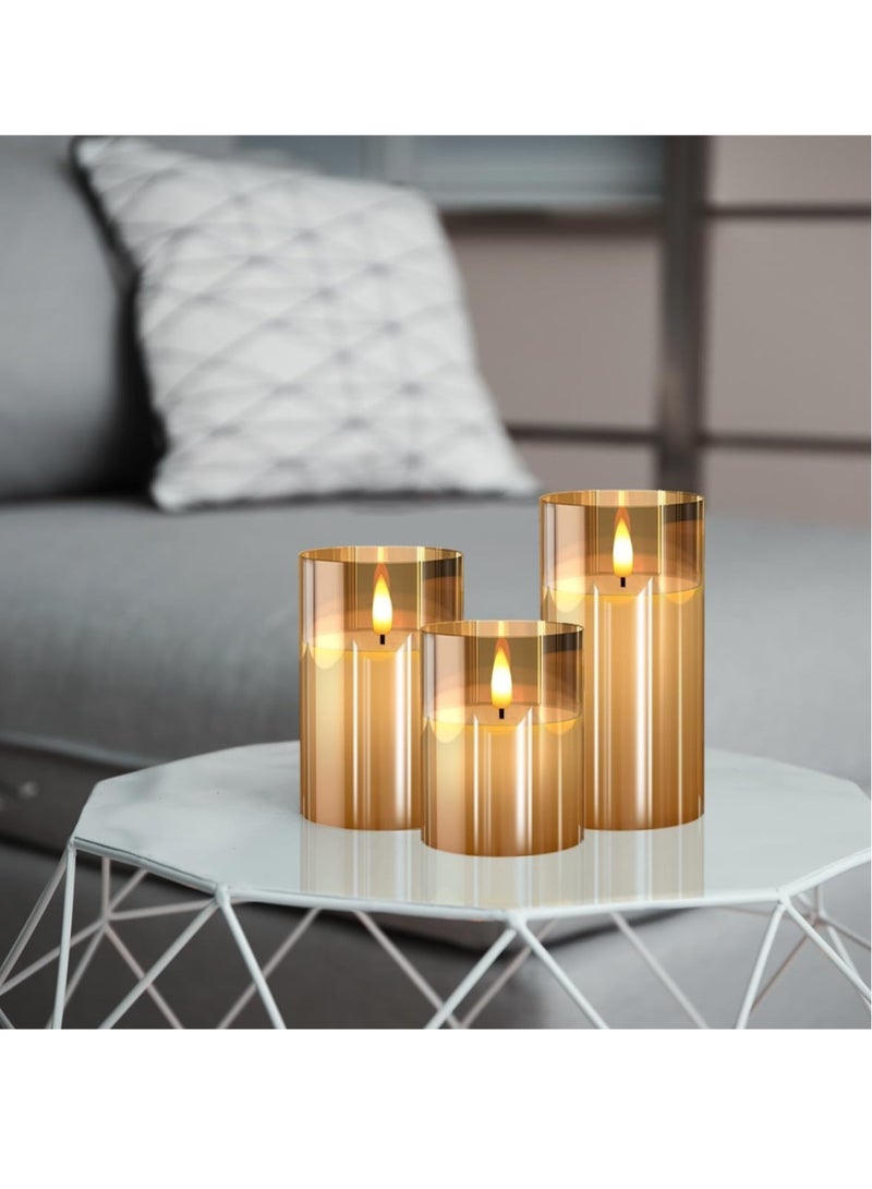 JAJEEK Glass Battery Operated LED Flameless Candles with Remote & Timer, Real Wax Flickering Light, Warm Color Glow for Festival, Wedding, Home & Party Decor (Pack of 3, Gold) - Image 5