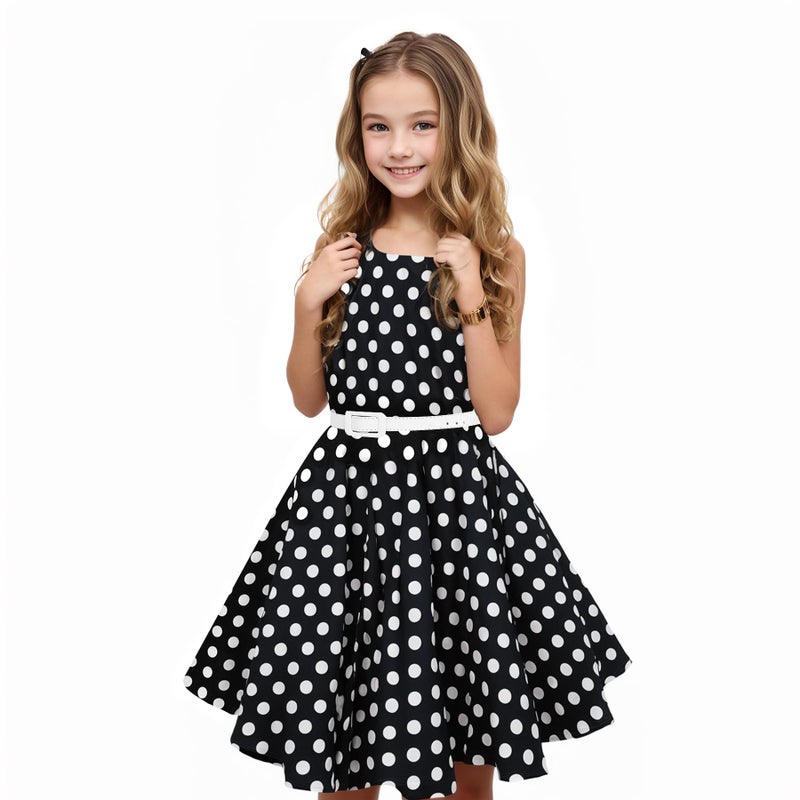 HB HBB MAGIC Girls Vintage Dress 50s Retro Twirling Special Occasion Dresses Size 6-14 Sleeveless Kids Dress Black Polka Dot - Image 5