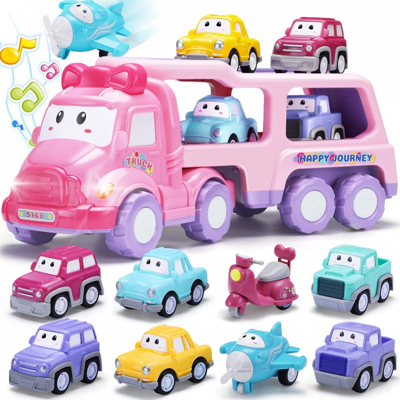 Uzoxlsn Cartoon Vehicle Toy for Toddler Girl 9in1 Pink Carrier Truck for Baby Girls Friction Power Transport Car with Light and Sound Toys for 3 Years Old Little Girl Kid Child Infant Gift Birthday - Image 2