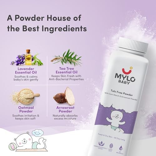 Mylo Care Talc-Free Baby Powder with Corn Starch | Made Safe Australia Certified | Absorbs Extra Oil, Relieves Itchiness & Softens Skin | Safe for All Skin Types (300g (Pack of 1)) - Image 3