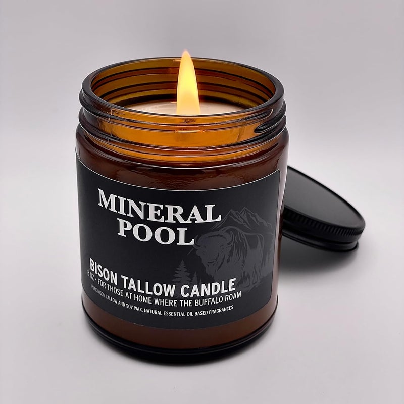 Pure Bison Tallow Scented Candle, Mineral Pool, 8 oz - Scents of Himalayan Sea Salt, Moss, & Freesia - Pure, Low Smoke, Beeswax, Traditional Tallow, Glass Jar