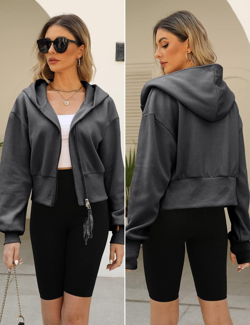 Arssm Cropped Hoodie Women Long Sleeve Sweatshirts Casual Fashion Hooded Zip up Workout Jacket with Thumb Holes (Darkgrey-XS) - Image 2