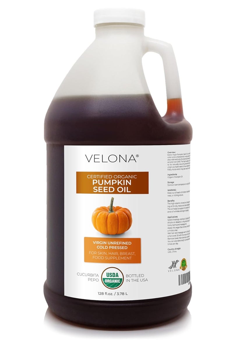 velona Pumpkin Seed Oil USDA Certified Organic  1 Gallon  128 Fl Oz  100 Pure and Natural Carrier Oil  Unrefined Cold Pressed  Cooking Face Hair Body  Skin Care  Use Today  Enjoy Results