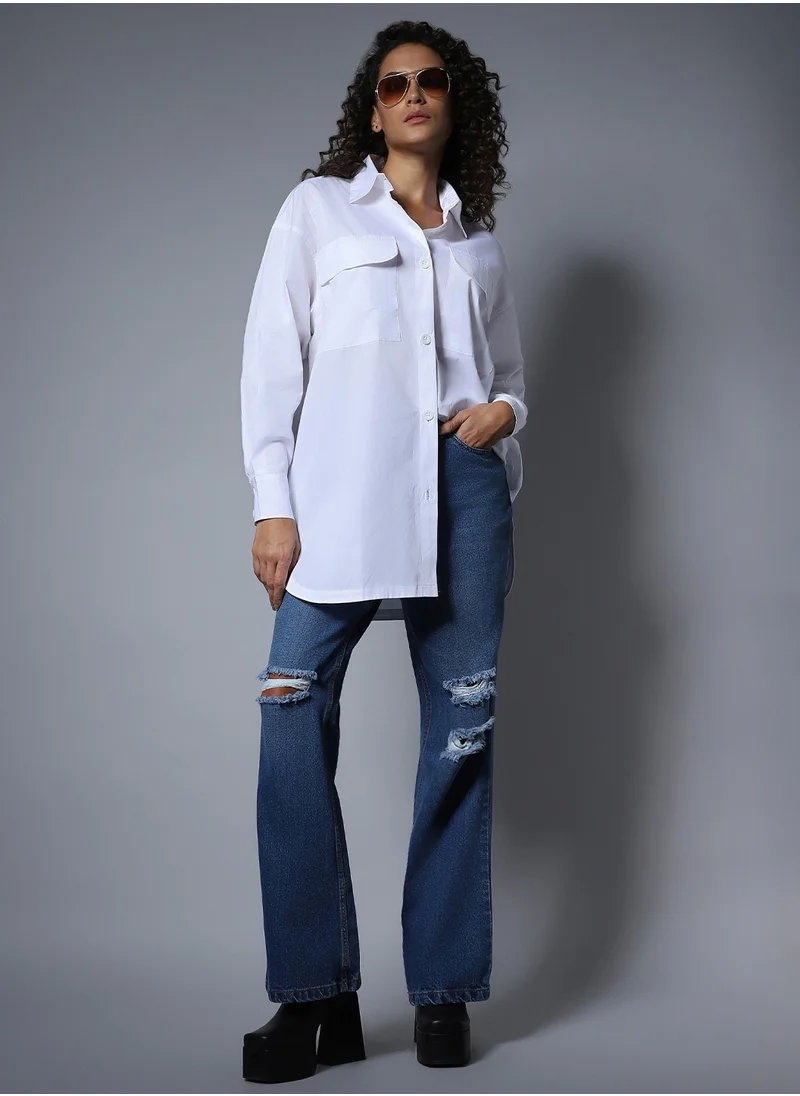 هاي ستار Oversized White Longline Shirt for Women with Spread Collar and Full Sleeves