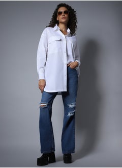 Oversized White Longline Shirt for Women with Spread Collar and Full Sleeves