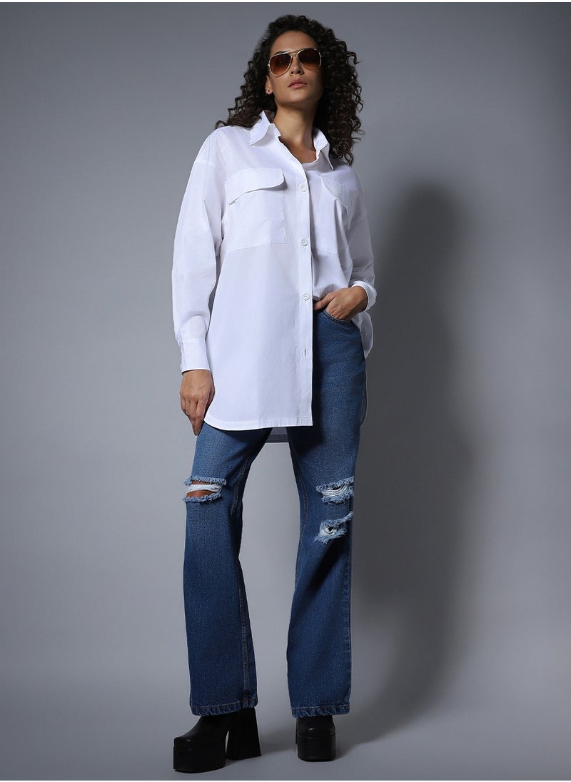 HIGH STAR - Oversized White Longline Shirt for Women with Spread Collar and Full Sleeves - Image 1