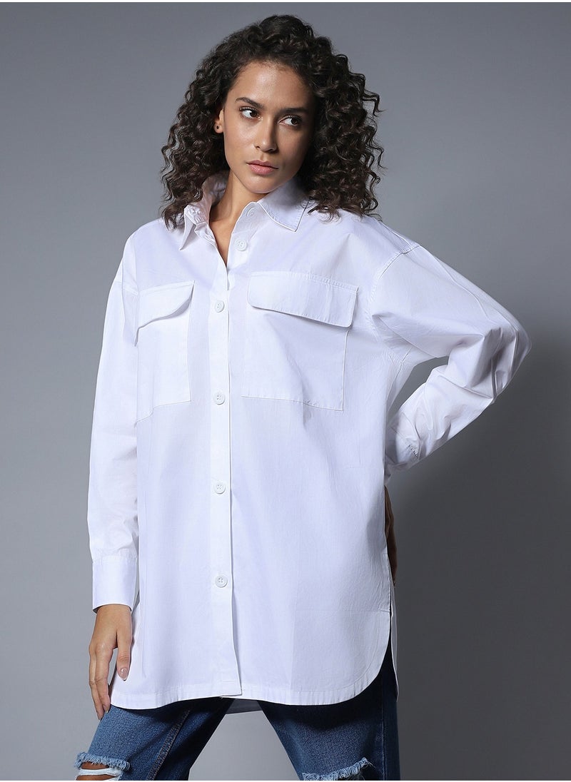 HIGH STAR - Oversized White Longline Shirt for Women with Spread Collar and Full Sleeves - Image 1
