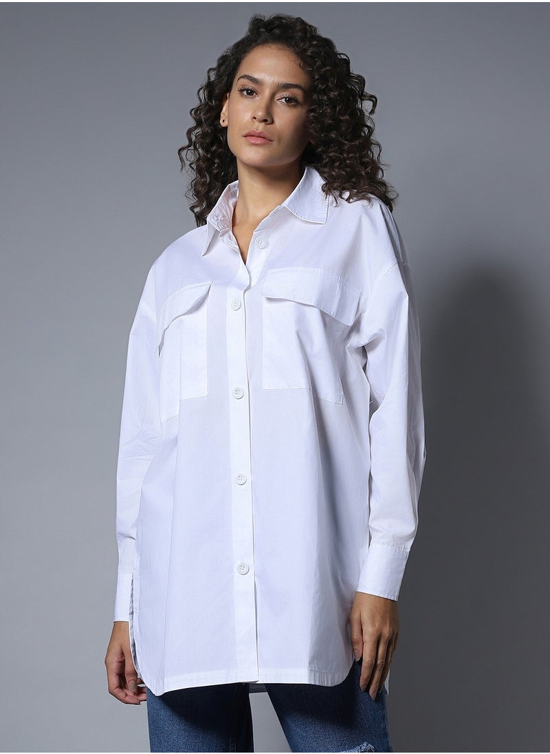 HIGH STAR - Oversized White Longline Shirt for Women with Spread Collar and Full Sleeves - Image 1