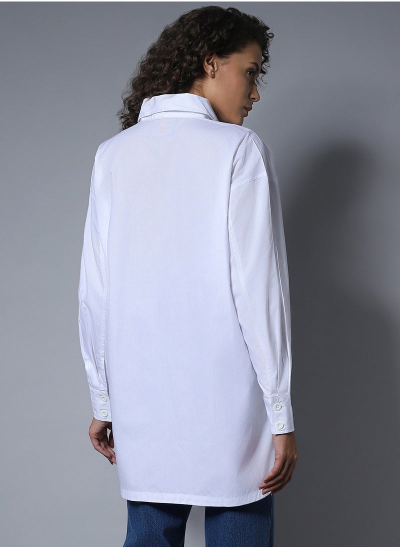HIGH STAR - Oversized White Longline Shirt for Women with Spread Collar and Full Sleeves - Image 1