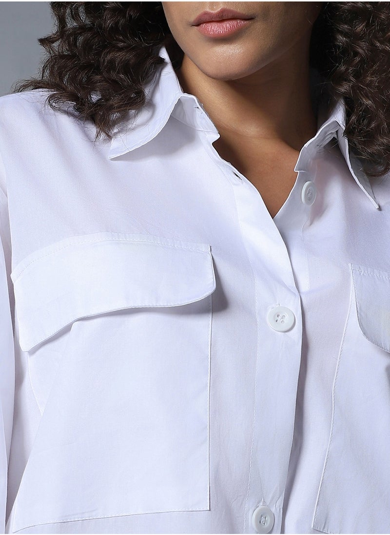 HIGH STAR - Oversized White Longline Shirt for Women with Spread Collar and Full Sleeves - Image 1