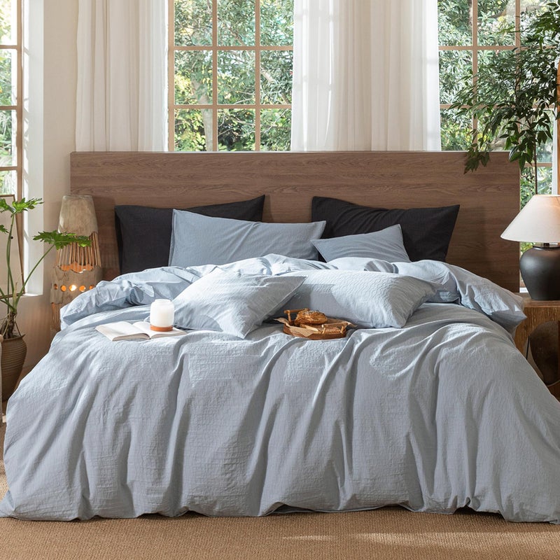 MooMee Wavy Striped Duvet Cover Set 100% Washed Cotton Linen Like Textured Breathable Durable Soft Comfy (Cornflower Blue, King 104"x90") - Image 1