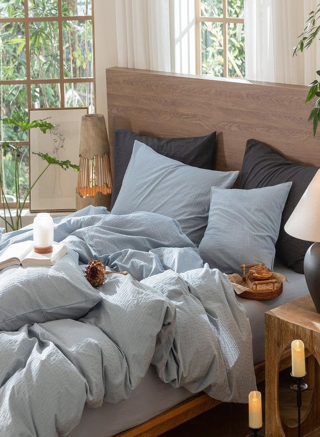 MooMee Wavy Striped Duvet Cover Set 100% Washed Cotton Linen Like Textured Breathable Durable Soft Comfy (Cornflower Blue, King 104"x90") - Image 4