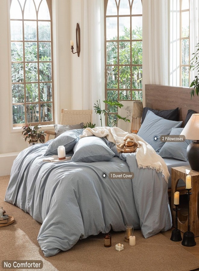 MooMee Wavy Striped Duvet Cover Set 100% Washed Cotton Linen Like Textured Breathable Durable Soft Comfy (Cornflower Blue, King 104"x90") - Image 2