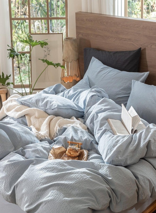 MooMee Wavy Striped Duvet Cover Set 100% Washed Cotton Linen Like Textured Breathable Durable Soft Comfy (Cornflower Blue, King 104"x90") - Image 5