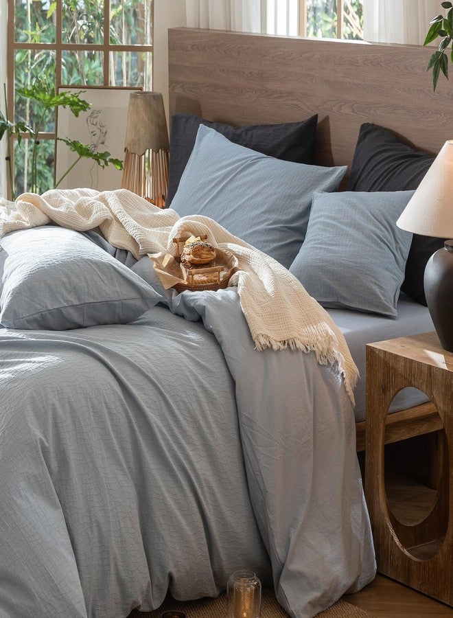 MooMee Wavy Striped Duvet Cover Set 100% Washed Cotton Linen Like Textured Breathable Durable Soft Comfy (Cornflower Blue, King 104"x90") - Image 3