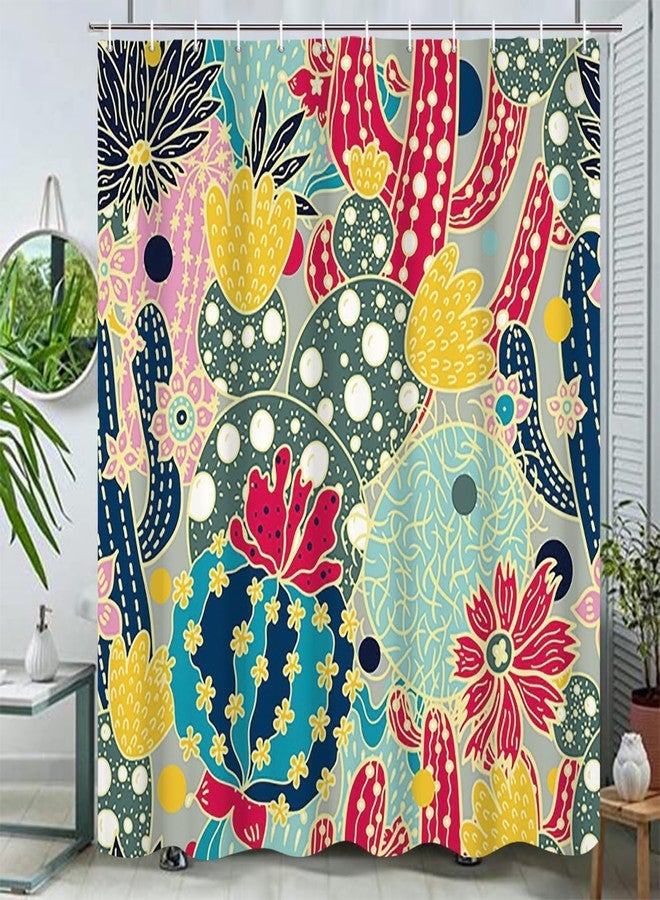 Umpoo Boho Cactus Shower Curtain for Bathroom Green and Red Tropical Colorful Plant Shower Curtain with Hooks Waterproof Polyester Fabric Modern Artistic Decorative Shower Curtain, 72x72 Inch - Image 1