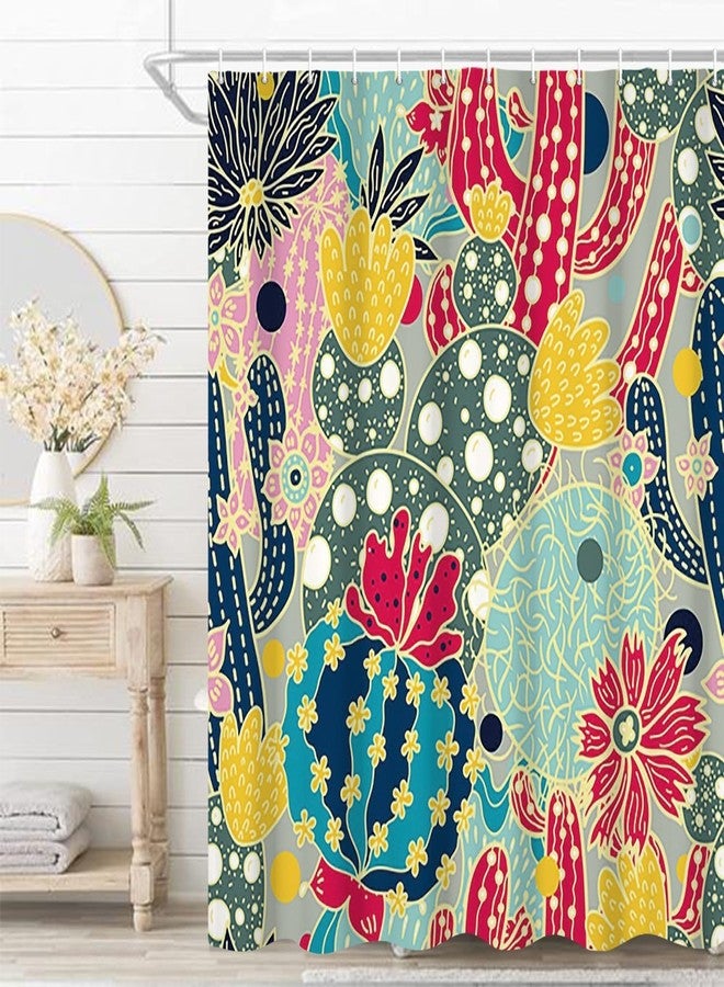 Umpoo Boho Cactus Shower Curtain for Bathroom Green and Red Tropical Colorful Plant Shower Curtain with Hooks Waterproof Polyester Fabric Modern Artistic Decorative Shower Curtain, 72x72 Inch - Image 3