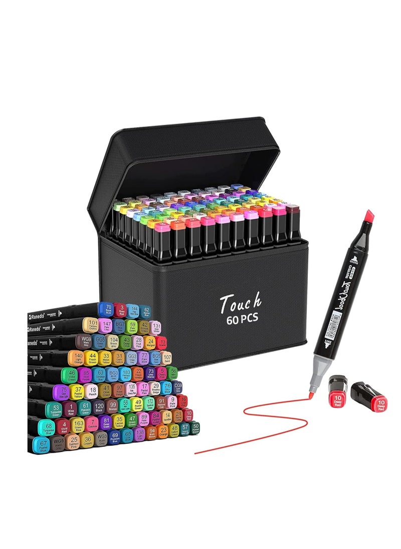 Gelanti Permanent Art Markers Set, 60 Colors, Graphic Drawing Markers, Dual Tip Sketch Markers for Design, Drawing, Graffiti, Coloring, Outlining, Shading (60)