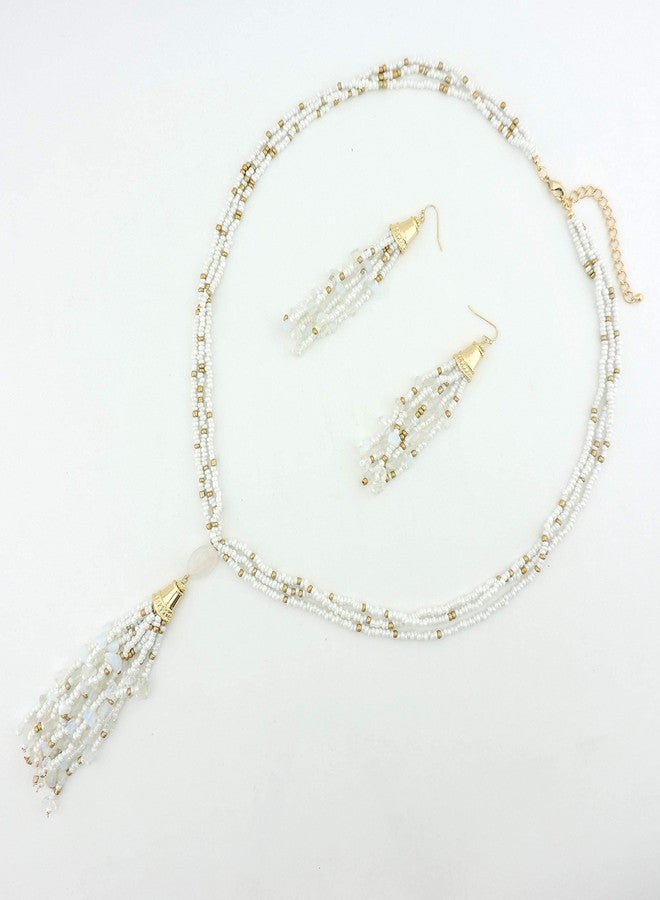 كويريز قلادة أنيقة من خرز الفيروز الصناعي من كويريس للنساء مع أقراط (N0037White) - Image 3