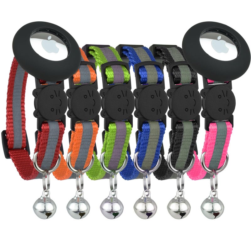 Bemix Pets Reflective Cat Collar with AirTag Holders, Set of 6, with Bells, Solid & Safe Collars for Cats, Nylon, Mixed Colors, Pet Collar, Air Tag Holder, Breakaway Cat Collars Charms - Image 1