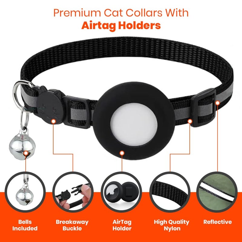 Bemix Pets Reflective Cat Collar with AirTag Holders, Set of 6, with Bells, Solid & Safe Collars for Cats, Nylon, Mixed Colors, Pet Collar, Air Tag Holder, Breakaway Cat Collars Charms - Image 2