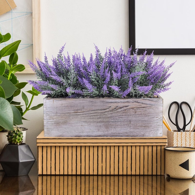 Winlyn Fake Lavender Flower Arrangement in Rustic Rectangular Wood Planter Box Artificial Potted Lavender Plant for Gifts Farmhouse Wedding Centerpiece Kitchen Windowsill Table Shelf Indoor Greenery Decor - Image 4