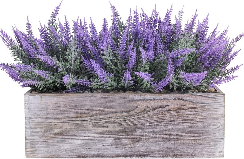 Winlyn Fake Lavender Flower Arrangement in Rustic Rectangular Wood Planter Box Artificial Potted Lavender Plant for Gifts Farmhouse Wedding Centerpiece Kitchen Windowsill Table Shelf Indoor Greenery Decor - Image 1