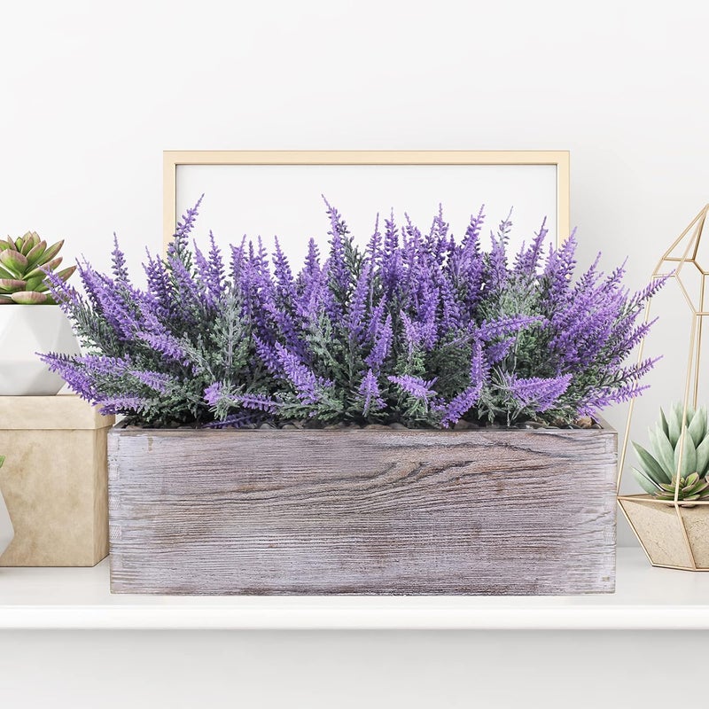 Winlyn Fake Lavender Flower Arrangement in Rustic Rectangular Wood Planter Box Artificial Potted Lavender Plant for Gifts Farmhouse Wedding Centerpiece Kitchen Windowsill Table Shelf Indoor Greenery Decor - Image 5