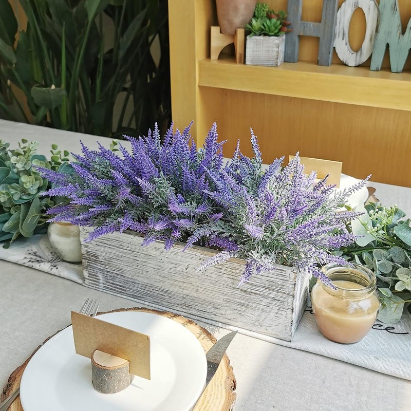 Winlyn Fake Lavender Flower Arrangement in Rustic Rectangular Wood Planter Box Artificial Potted Lavender Plant for Gifts Farmhouse Wedding Centerpiece Kitchen Windowsill Table Shelf Indoor Greenery Decor - Image 3