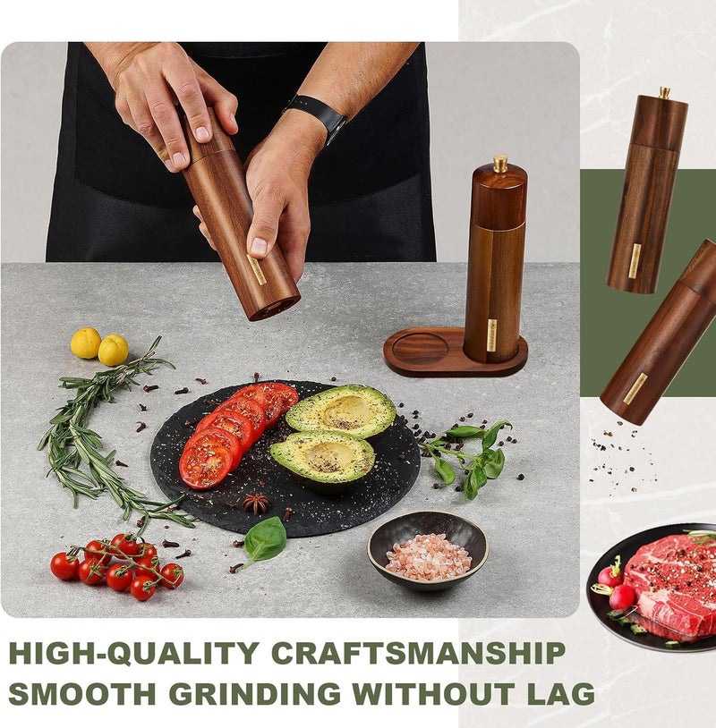 LOYIM Wooden Salt and Pepper Grinder Set 8 Inch Manual Salt and Pepper Mill with Tray Adjustable Coarseness Refillable Wood Grinders with Gold Bottle Label for Kitchen Christmas Home Gift(Wood Color) - Image 3