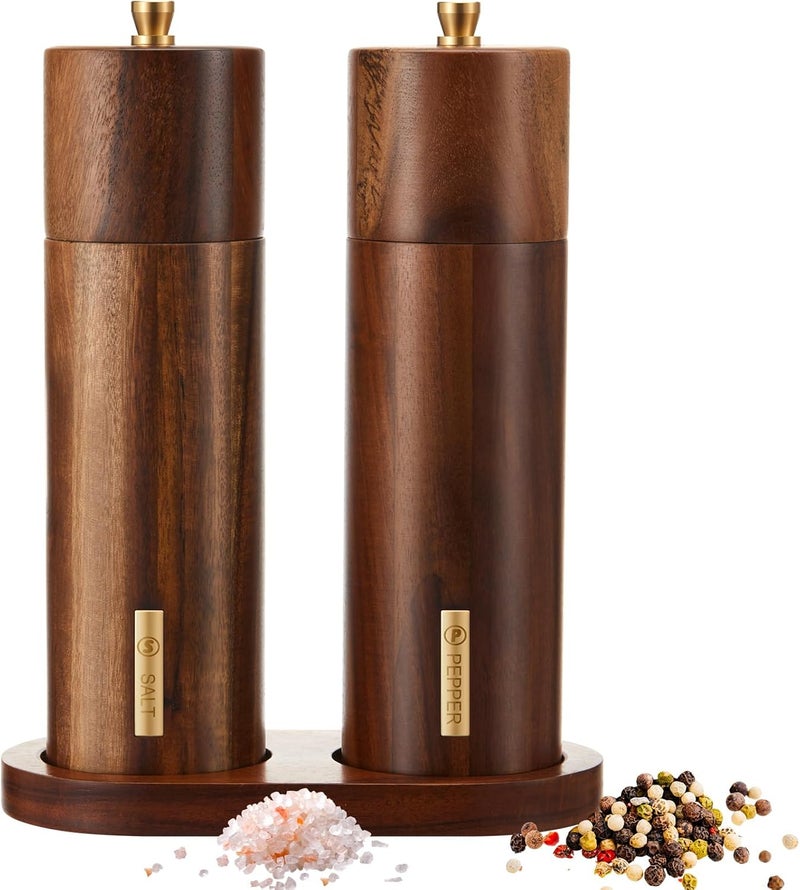 LOYIM Wooden Salt and Pepper Grinder Set 8 Inch Manual Salt and Pepper Mill with Tray Adjustable Coarseness Refillable Wood Grinders with Gold Bottle Label for Kitchen Christmas Home Gift(Wood Color) - Image 1