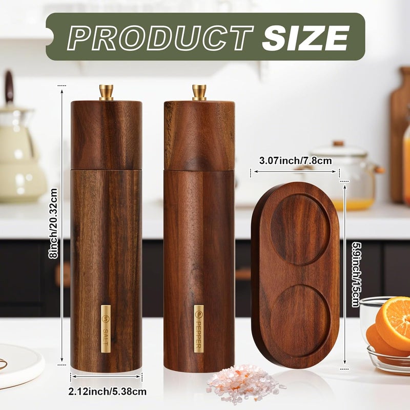 LOYIM Wooden Salt and Pepper Grinder Set 8 Inch Manual Salt and Pepper Mill with Tray Adjustable Coarseness Refillable Wood Grinders with Gold Bottle Label for Kitchen Christmas Home Gift(Wood Color) - Image 2