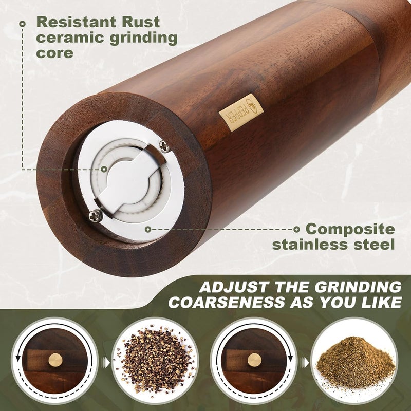 LOYIM Wooden Salt and Pepper Grinder Set 8 Inch Manual Salt and Pepper Mill with Tray Adjustable Coarseness Refillable Wood Grinders with Gold Bottle Label for Kitchen Christmas Home Gift(Wood Color) - Image 4