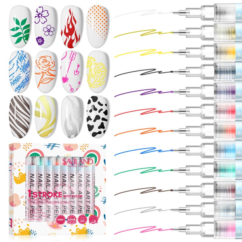 SAVILAND Nail Art Pens Set: 12 Colors 0.5MM 3D Nail Polish Pens Quick Drying Acrylic Paint Nail Art Markers Nail Point Graffiti Dotting Tools Drawing Painting Liner Nail Art Design Pens Home DIY - Image 1