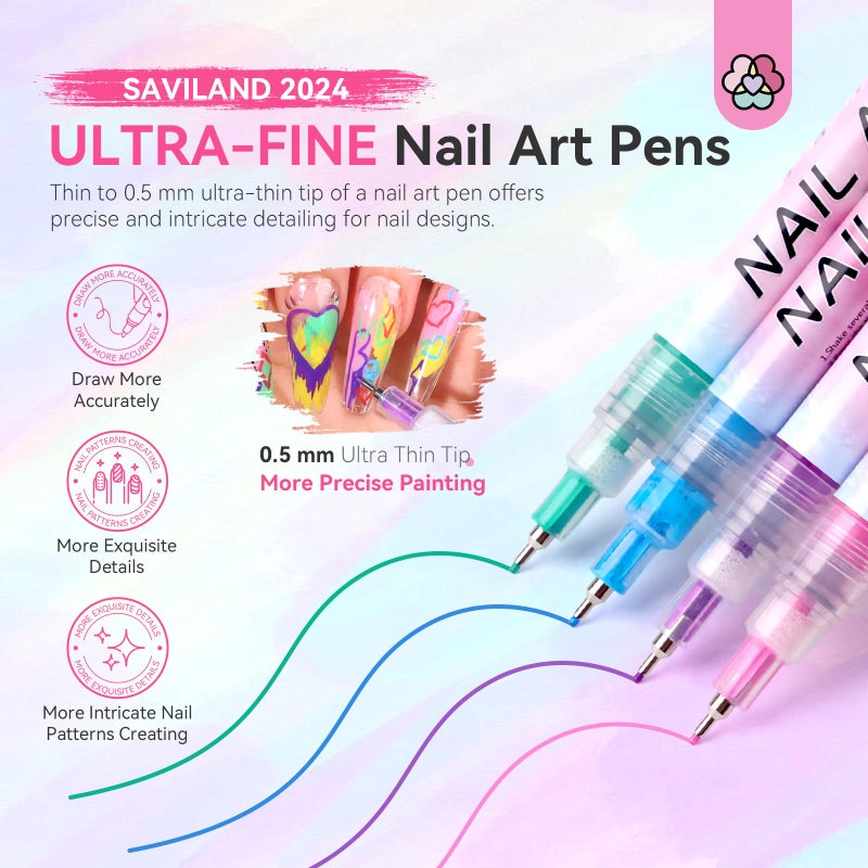 SAVILAND Nail Art Pens Set: 12 Colors 0.5MM 3D Nail Polish Pens Quick Drying Acrylic Paint Nail Art Markers Nail Point Graffiti Dotting Tools Drawing Painting Liner Nail Art Design Pens Home DIY - Image 3