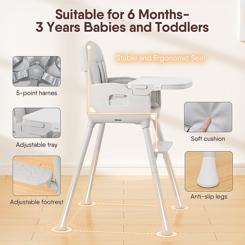 Obee Odee 3-in-1 Portable Baby High Chair for Babies and Toddlers, Convertible Easy Clean Infant Foldable Highchair with Adjustable Legs & Dishwasher Safe Tray, Grey - Image 5