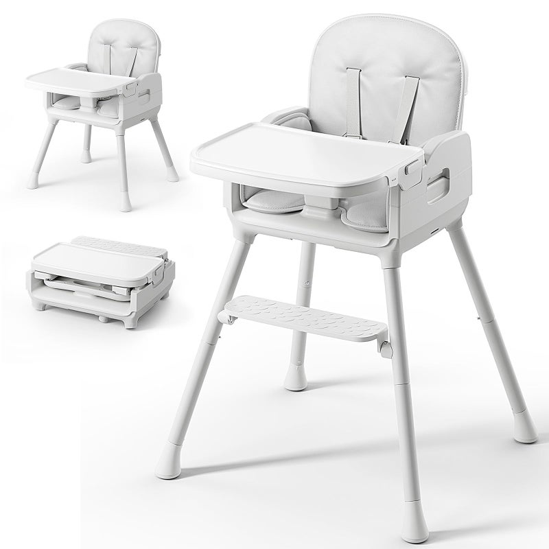 Obee Odee 3-in-1 Portable Baby High Chair for Babies and Toddlers, Convertible Easy Clean Infant Foldable Highchair with Adjustable Legs & Dishwasher Safe Tray, Grey - Image 1